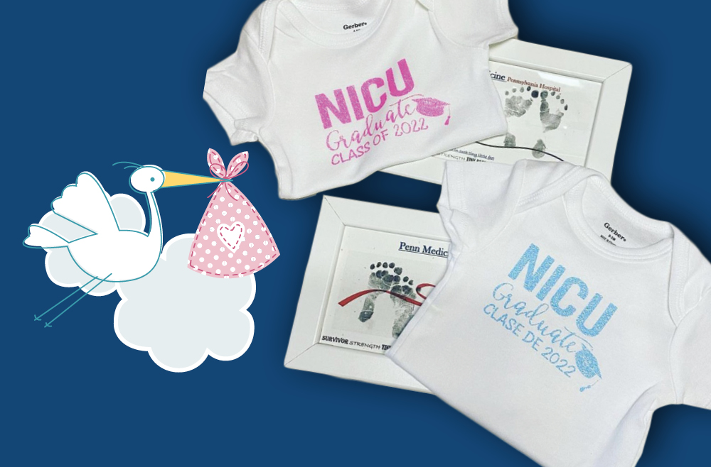Images of onesies and keepsakes for NICU infants